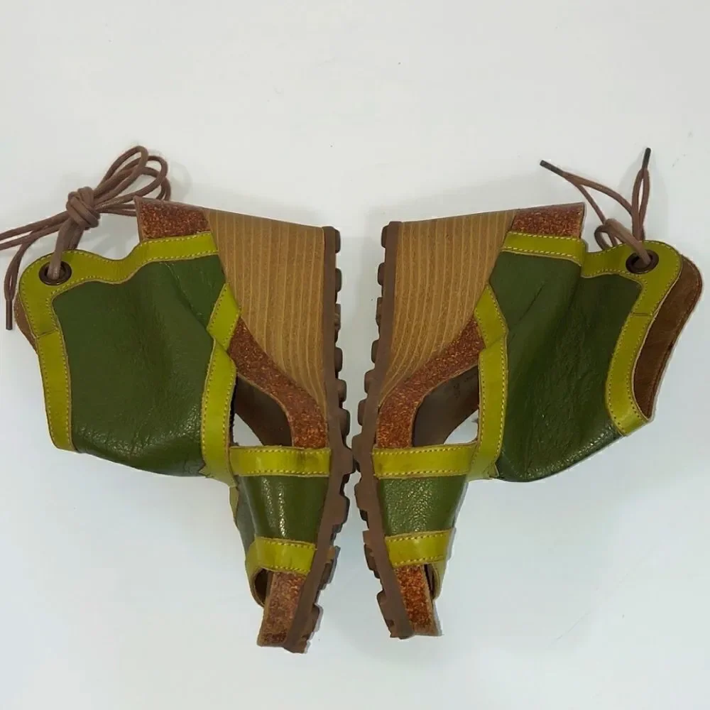 Fly London Luxe Kiwi & Olive Tieback Leather Platform Wedge Sandals Sz 36